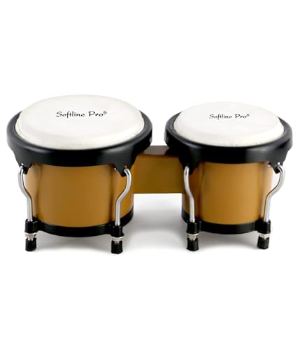 Image of Softline Pro Bongo Drum Set with Tuning Wrench & Padded Professional Wooden Percussion Instrument for Beginner Adults Kids - Natural Skin (CARAMEL ABS)