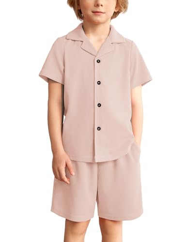 Image of Arshiner Toddler Boys 2 Piece Summer Outfits Waffle Knit Short Sleeve Button Down Shirt & Casual Shorts Sets Size 2-7
