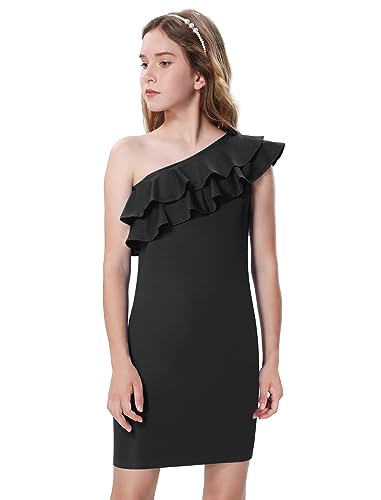 Mebius Girls One Shoulder Party Dress Bodycon Ruffle Trim Sleeve Pencil Summer Dresses for Special Occasions Birthday 8-14Y4