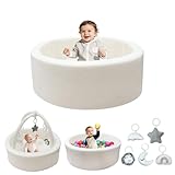 MEOGETY Baby Ball Pit with 5 Hanging Toys & Removable Play Arch for Toddlers Soft Foam Activity Center for Girls Boys Great Gift, Easy to Assemble & Clean, Teddy White