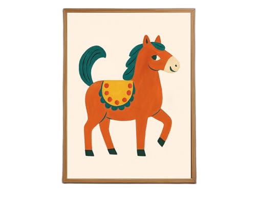 Playful Pony Wall Art Print designed for nurseries, featuring a bright orange horse with teal mane and decorative saddle, ideal for children's rooms
