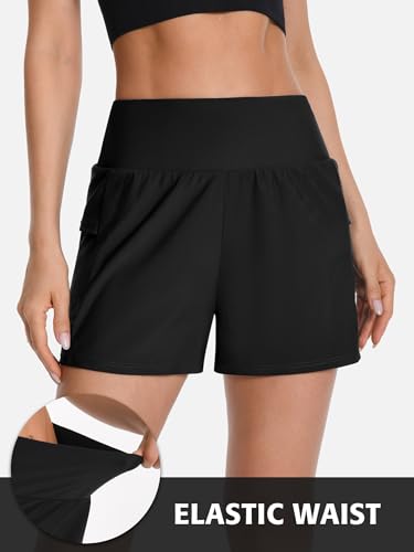 Image of ATTRACO Quick Dry Womens Swim Shorts 3.7 inch High Waist Swimsuits Bottoms Beach Water Shorts Black L