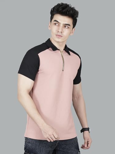 Image of London Hills Men's Loose Fit Half Sleeve Color Block Polo T-Shirt with Zip Collar | Premium Polyester Fabric | T Shirt for Man | Tshirt | Shirts Men | Tshirt for Man | Men T-Shirts