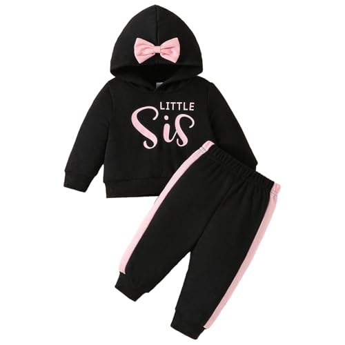 LUVCES Ropa Niña Pequeñas Sudadera con Capucha y Pantalones Conjuntos de Ropa Little Sis Otoño Invierno 2 piezas Set 2Pcs Little Sis negro 18 24 Meses