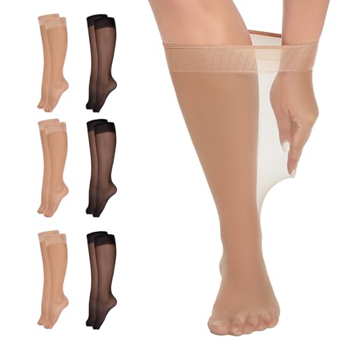 Yilanmy 6 Pairs Plus Size Knee High Socks Women's Sheer Nylon Pop Stockings for Wide Calves 15D(Natural+Black,XL-2XL)