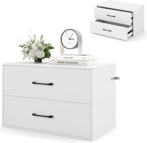 GIANTEX Cajonera de Almacenamiento con 2 Cajones, 60 x 34 x 38 cm, Armario Bajo de Madera, con Kit Antivuelco, Cómoda para Salón, Dormitorio (Blanco)