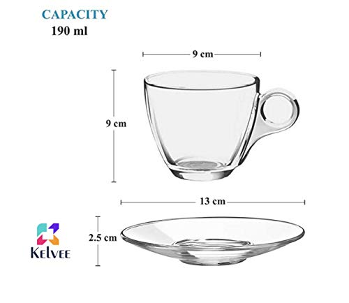 Image of KELVEE New Crystal Clear Classic Glass Tea & Coffee Cup and Saucer Set, for Latte Cappuccino Espresso Mocha and More, (6 Cups and 6 Saucers) - Pack of 12 (Honey)