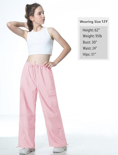 Image of EXARUS Girls Parachute Pants Cargo Hip Hop Wide Leg Baggy Y2K Teen | Tween Casual School Dance Streetwear with Pockets Elastic Waist Youth Junior Kids Bottoms Hiking 8-14Y
