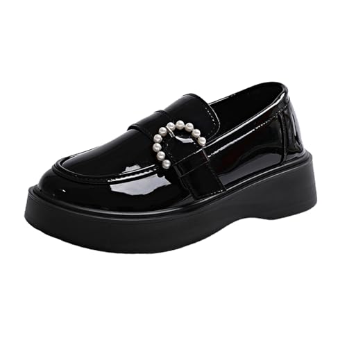 Mary Jane Shoes for Women Chunky Flats - Women Black Platform Mary Janes - Ladies Casual Pearl Shoes Comfortable Dressy
