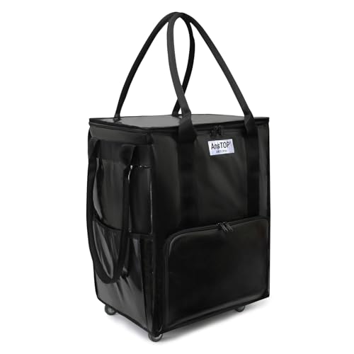 AnsTOP Reusable Grocery Bag on Wheels, 66LBS Foldable Shopping Cart with 5 Smooth Caster Wheels Zippered Top, Rolling Tote with Multiple Pockets for Groceries, Laundry, Travel, Camping,Medium,Black