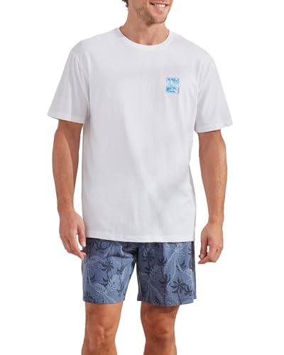 CARIBBEAN JOE Men's Sleep Set, Tropical Fronds Shorts and Blue Crew Neck T-Shirt Pajamas, Lightweight Novelty Pjs