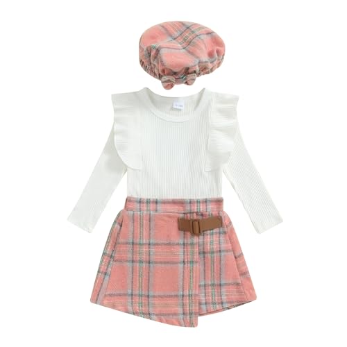 Madjtlqy Toddler Baby Girl Clothes Fall Winter Outfit Ruffle Sleeve Tops + Plaid Skirt + Hat 12 18 24 Months 2t 3t 4t