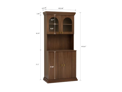 Image of ivaniti 71 inch Farmhouse Kitchen Pantry Cabinet Set of 2 with Arched Glass Doors, Dark Brown Freestanding Coffee Bar Hutch with Microwave Stand and Adjustable Shelves for Kitchen