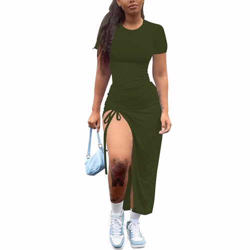 Image of Nimsruc Women Sexy Summer Dresses Short Sleeve Thigh-high Slit Ruched Bodycon Maxi Club Cocktail Party Dress