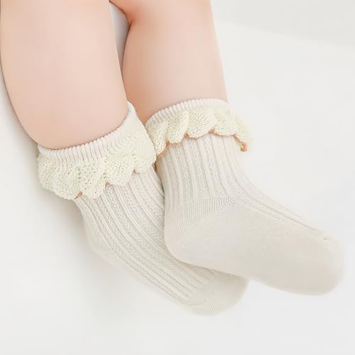 Baby Toddler Girls Frilly Ruffle Ribbed Cotton Socks with Lace Trim for 0-5 Years (Pack of 5)4