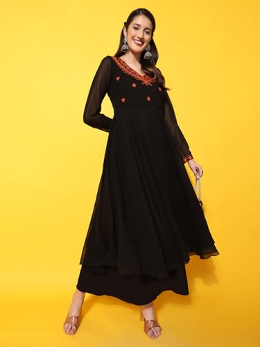 Image of Poshak Hub Women Green Ethnic Motifs Aari Work Georgette Anarkali Kurta