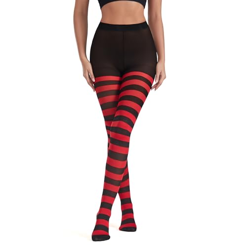 Zando Red And Black Striped Tights Halloween Leggings for Women Striped Tights Stretchy Opaque Footed Pantyhose for Halloween Costume Party Red Black Stripe