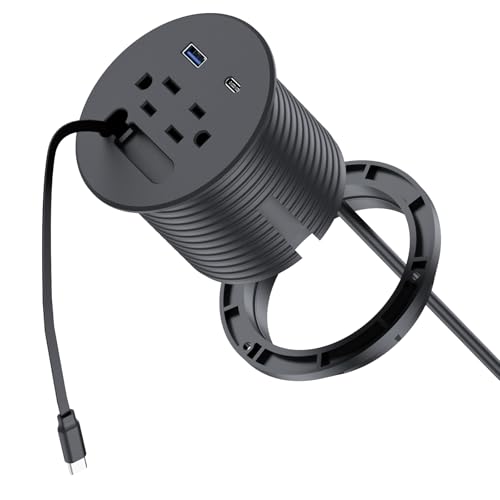 3 inch Desk Power Grommet Built-In1 Retractable USB C Cables (1.2ft),Recessed Power Grommet PD 20W USB-C&USB-A&2AC Outlet,Desktop Outlet 6.6 Ft Extension Cord for Conference Rooms, Desktop Accessory.