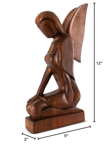 Estatua de Ángel Arrodillado de Madera Hecha a Mano Abstracta 12 pulg miniatura 6