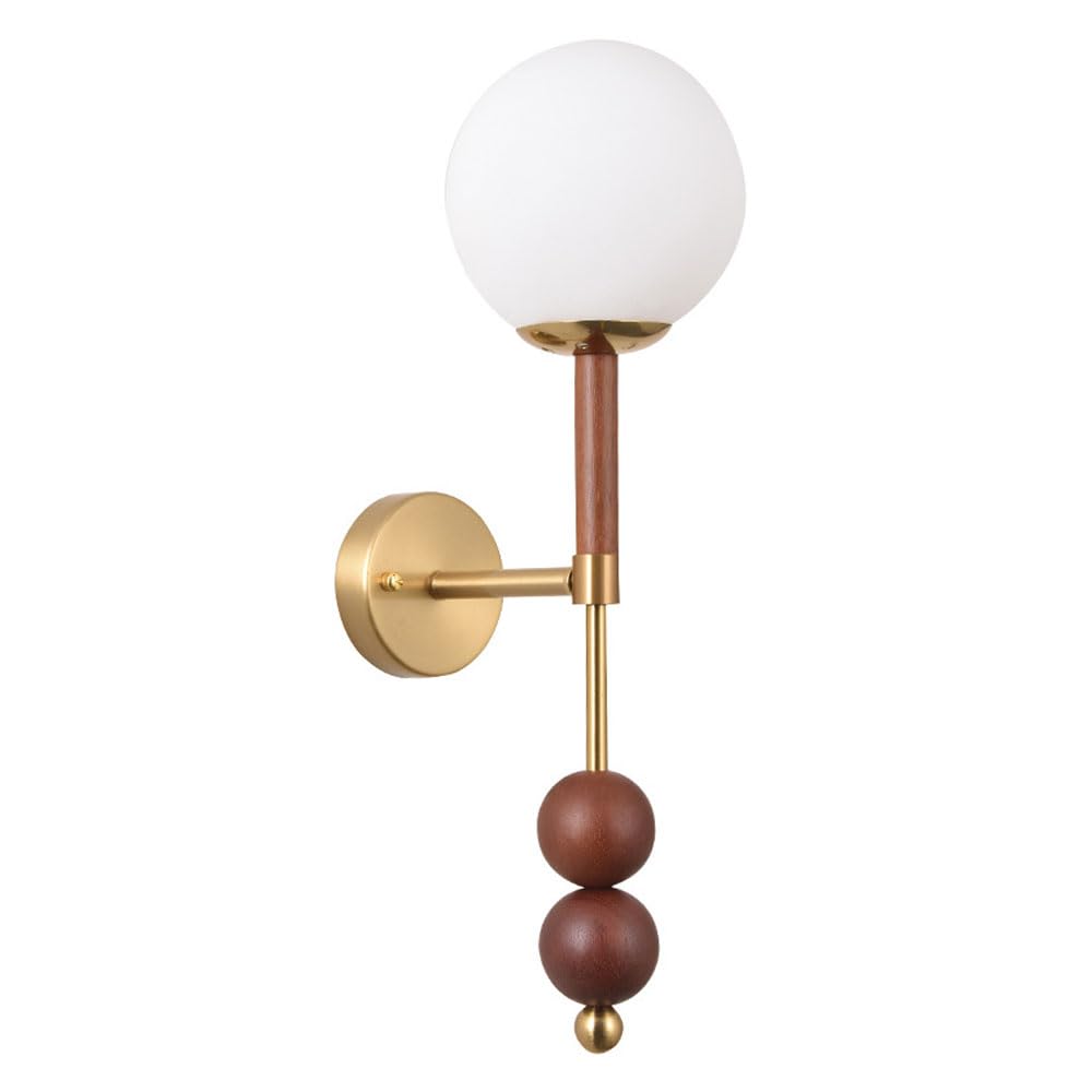 SXECAEPS Globe Glass Wall Mount Light Wood Sconce Modern Lamp with White Ball Shade, Art Deco Sconces E27 Hardwired Lighting for Living Room Bedroom