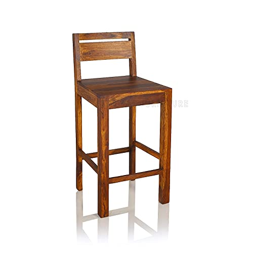 Image of Solid Wood Bar Chairs | Long Bar Chair for Kitchen | Set of 2, Sheesham Wood, Natural Finish