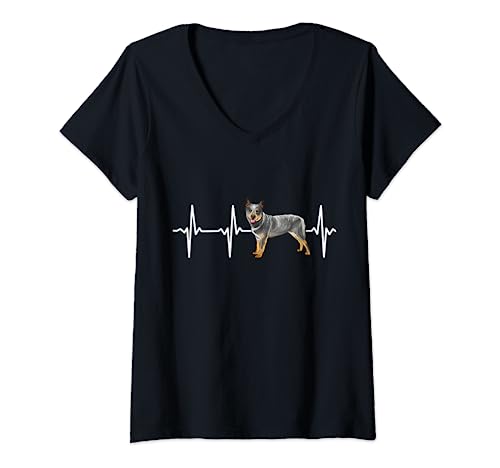 Womens Australian Cattle Dog Heartbeat Love My Dog V-Neck T-Shirt, Black