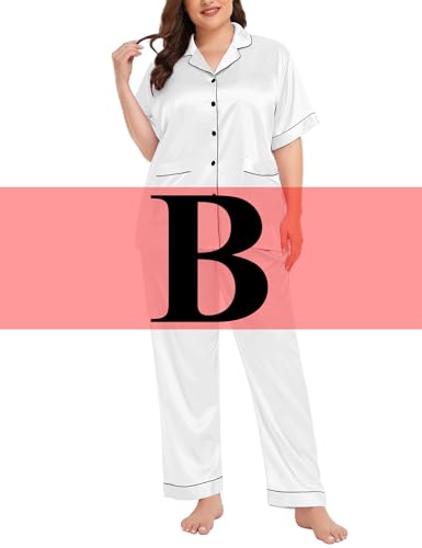 Image of SWOMOG Women's Plus Size Pajamas Silk Satin Pajama Set Short Sleeve Shirt with Full-Length Pants Pjs Sleepwear Set 18W-26W