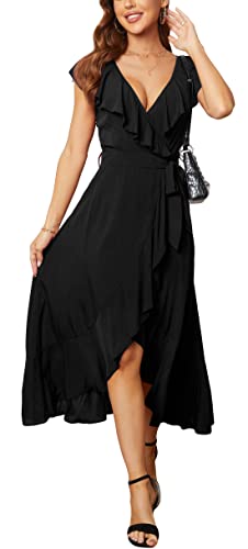 Image of Kormei Womens Sleeveless Ruffle V Neck High Low Party Long Maxi Dress with Belt M D16-Black