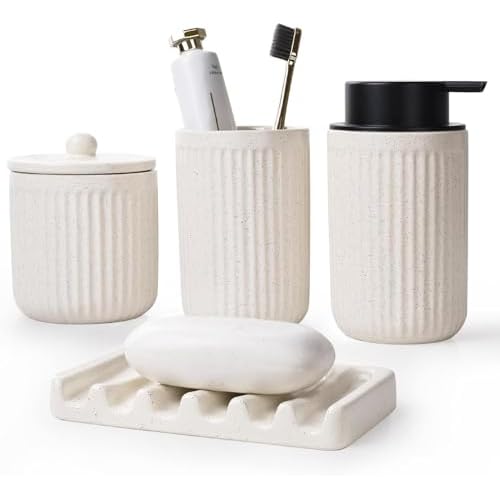 BosilunLife Beige Bathroom Accessories Set - Ceramic Bathroom Counter Soap Set Bathroom Decor Sets Accessories Bathroom Lotion Soap Dispenser and Toothbrush Holder Set, Soap Dish, Apothecary