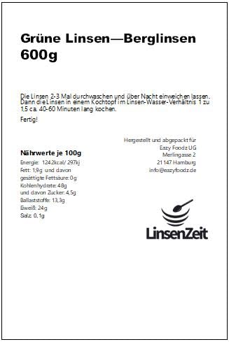 LinsenZeit – Grüne Linsen 600g – Berglinsen – Laird-Linsen - Großartige Proteinquelle - Vegan & ohne Zusatzstoffe & Premium Qualität