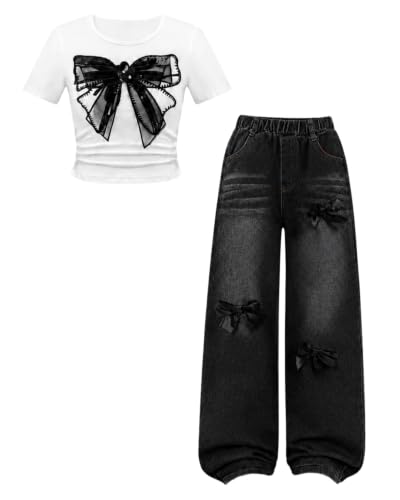 Image of Azmxynol Tween Girl Clothes Short Sleeve Top + Butterfly Design Jeans 2 Pieces Spring Summer Outfit Set, Size 6-16 Years