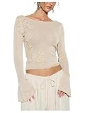 MakeMeChic Women's Lightweight 3D Flower Bell Sleeve Sweater Boat Neck Knit Pullover Tops Beige Large