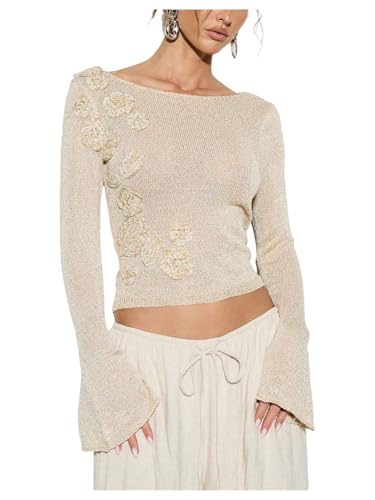 MakeMeChic Women's Lightweight 3D Flower Bell Sleeve Sweater Boat Neck Knit Pullover Tops Beige Large