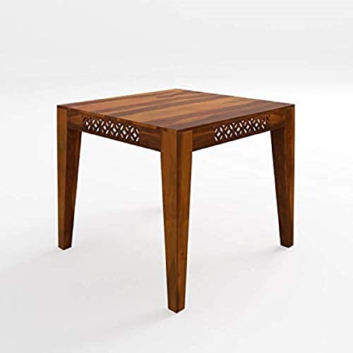 Image of Sheesham Wood 2 Seater Dining Table with 2 Cushion Chairs for Dining Room Living Room Home Office Wooden CNC Design Dinner Table Furniture (Teak Finish) | 1 Year Warranty