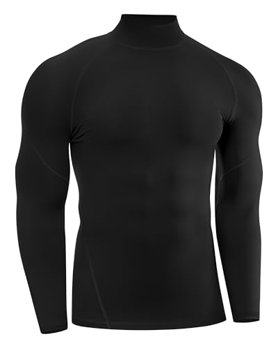 Poekuao Mens UPF 50+ Long Sleeve Compression Shirts Turtle Mock Neck Athletic Undershirt Quick Dry Baseball Basktball Base Layer Black XL