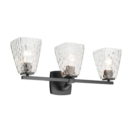 Image of Kichler Marant 21.25 inch 3-Light Bathroom Vanity Light Fixture with Clear Water Glass in Black, Modern Wall Mount Over Mirror for Powder Room (21.25 inch W x 9.5 inch H), 55216BKWTR