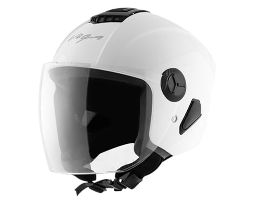 Image of Vega Aster Dx ISI Certified Full Face Motorcycle Helmet with Durable ABS Outer Shell High Density EPS Liner Scratch Resistant Visor Quick Release Buckle Comfortable Inner Padding White Helmet-L