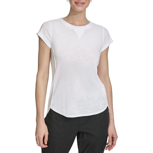 T-shirt gaufré DKNY à manches 3/4 pour femme, haut casual chic et léger