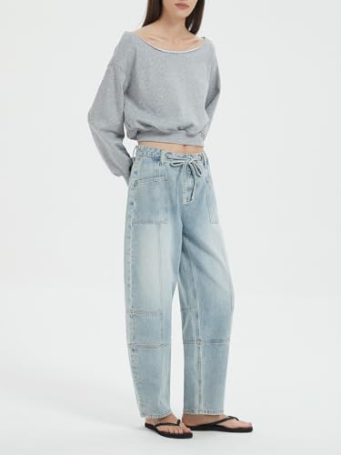 ONESO Women's Barrel Jeans Mid Waisted Wide Leg Boyfriend Jeans for Women Baggy Casual Denim Pants with Drawstring3