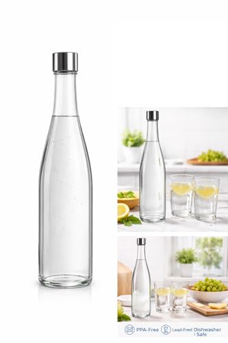 Image of Glass Water Bottle 750 MLPlain Narrow Mouth for Beverages, Oil, Vinegar, Beer, Water, Soda, Airtight Lid & Leak Proof Cap - Clear - Pack of- (2)
