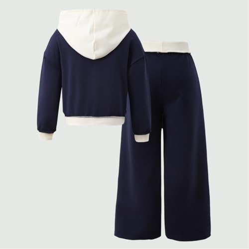 Image of Yoxindax Girls' 2-Piece Clothes Bow Print Zip-Up Hoodie Contrast-Color Wide-Leg Pants Winter 7-14Y Outfits Set