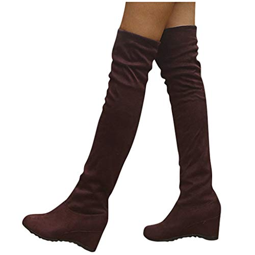 NOLDARES Over The Knee Thigh High Winter Boots Slip On Flat Heel Wedge Women's Boots Solid Comfy Boots, Brown, 7