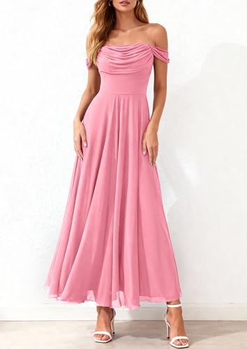 PRETTYGARDEN Womens Off Shoulder Maxi Summer Dresses 2026 Elegant Mesh Aline Swing Ruched Flowy Cocktail Wedding Guest Dress (Pink,XX-Large) — view 2