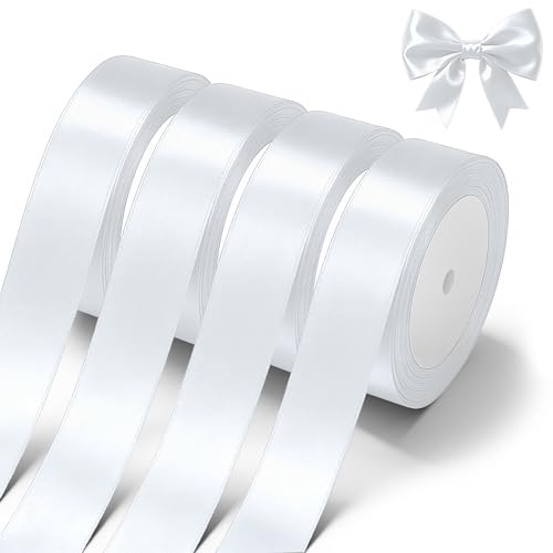 White Satin Ribbon 4 Rolls x 1 Inch White Wide Satin Fabric Ribbon for Gift Packaging Christmas Wedding Flower Bouquet Holiday Party Invitation