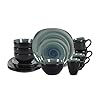 HomeVss, Stoneware Square 16pc Dinnerware Set, Inside Spinwaseh Swirl Blue + Outside Black HomeVss, Stoneware Square 16pc Dinnerware Set, Inside Spinwaseh Swirl Blue + Outside Black