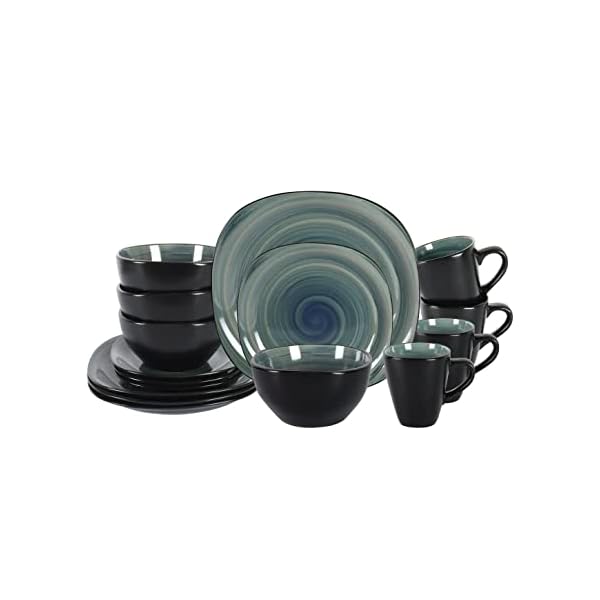 HomeVss, Stoneware Square 16pc Dinnerware Set, Inside Spinwaseh Swirl Blue + Outside Black HomeVss, Stoneware Square 16pc Dinnerware Set, Inside Spinwaseh Swirl Blue + Outside Black