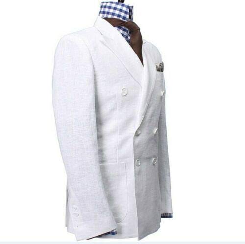 Mens Beach White Linen Double Breasted Summer Prom Blazer Suit Jacket Coat Blazer2