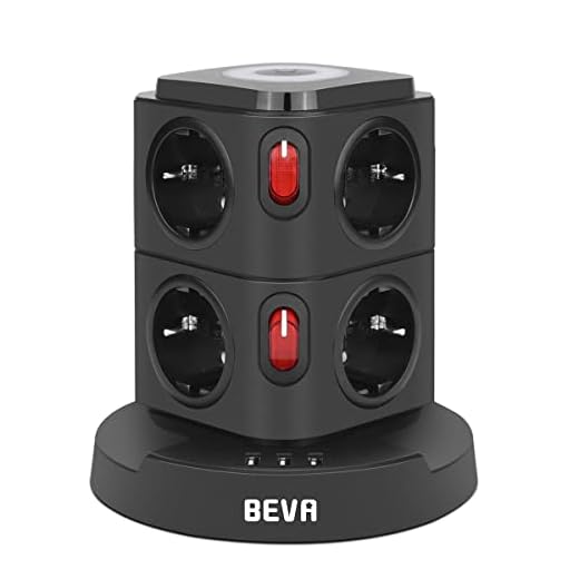 BEVA Regleta Enchufe Vertical de 8 Tomas Corrientes y 3 Rápida USB Tomas, Enchufe Multiple con Luz de Noche, Regleta con Interruptor y protección, Cable de 2M, 2500W/10A