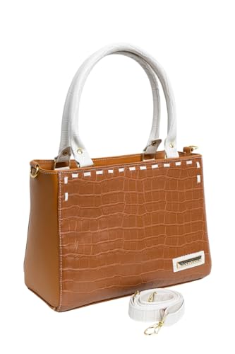 Bolsa Santorini Média Tote Croco Feminina Versátil, Fechamento em Zíper, Bolso Interno com Zíper, com alça transversal (Branco-Marrom)