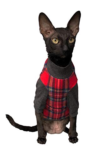Kotomoda Sphynx - Ropa de gato sin pelo de cuello alto a cuadros rojos para gatos desnudos (S) Cover